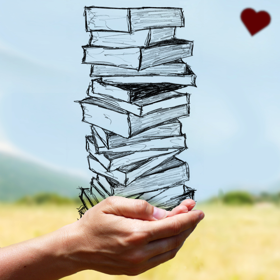 pile de livres sur une main coeur rouge
