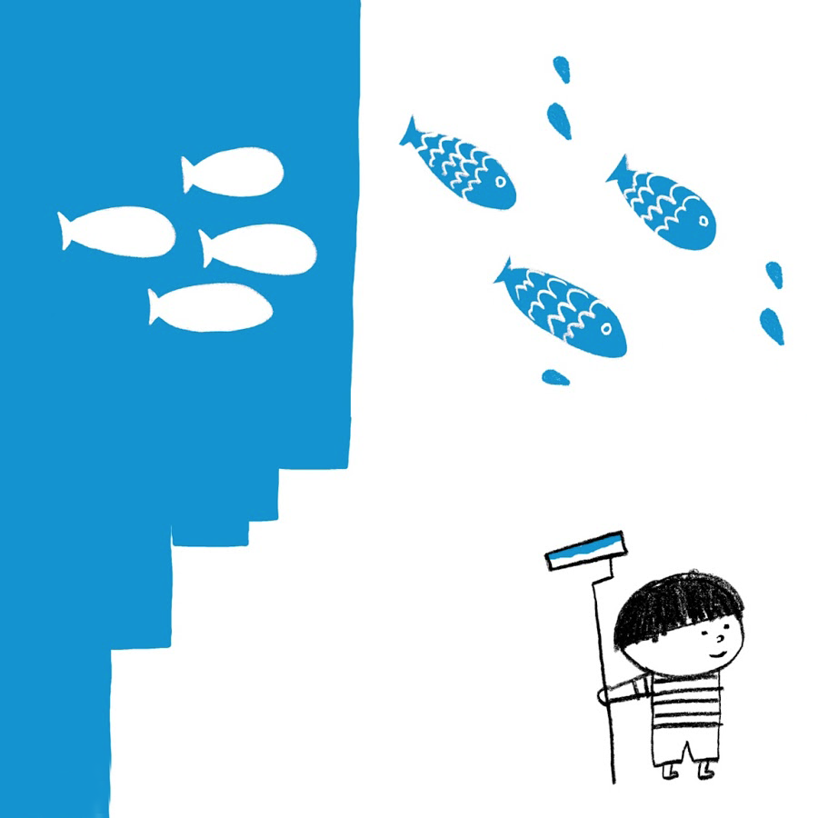Peinture bleue petit garçon poissons