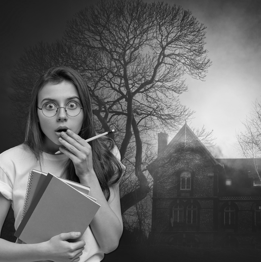 Maison brouillard femme crayon cahier peur