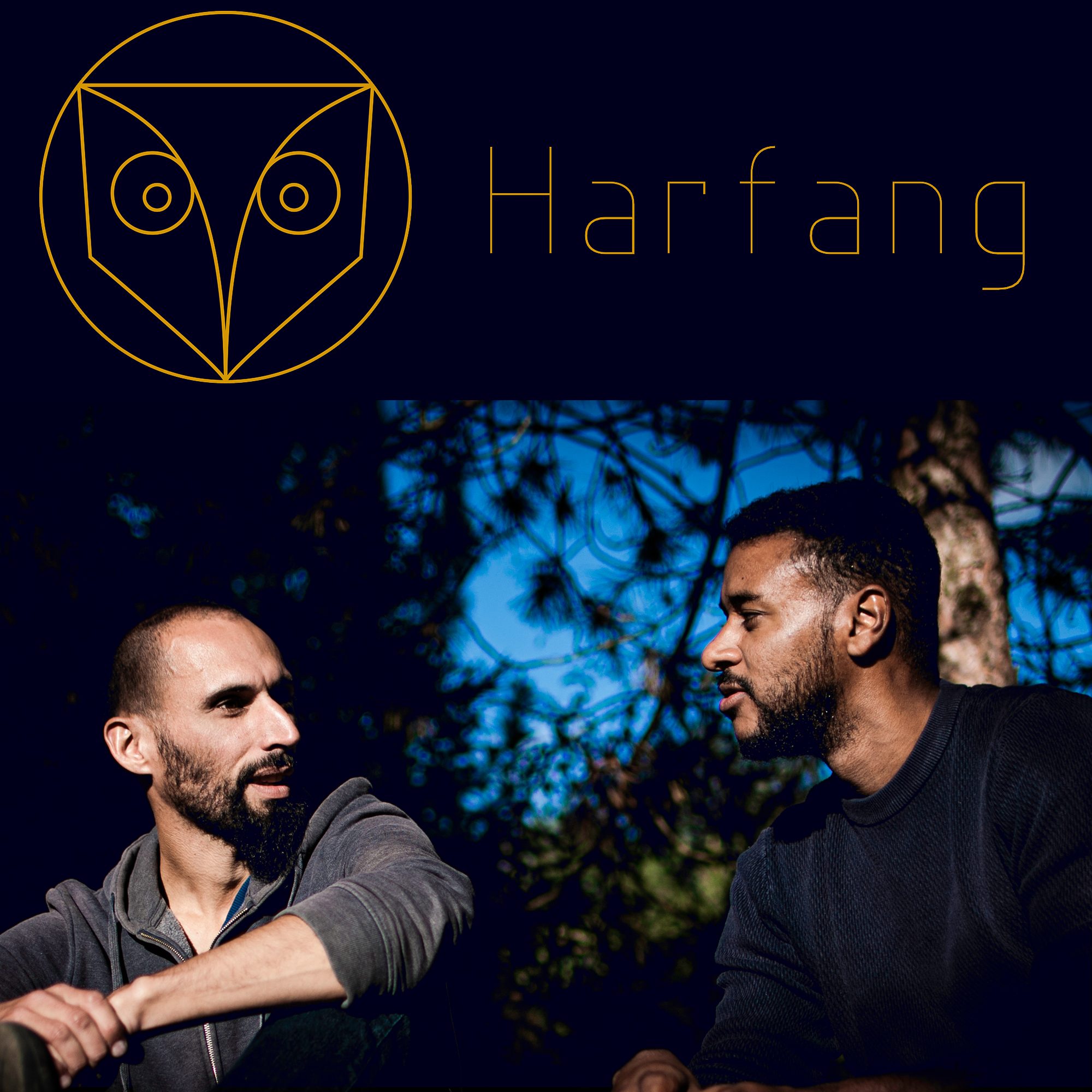 portrait des deux artistes composant le groupe harfang sur fond de verdure
