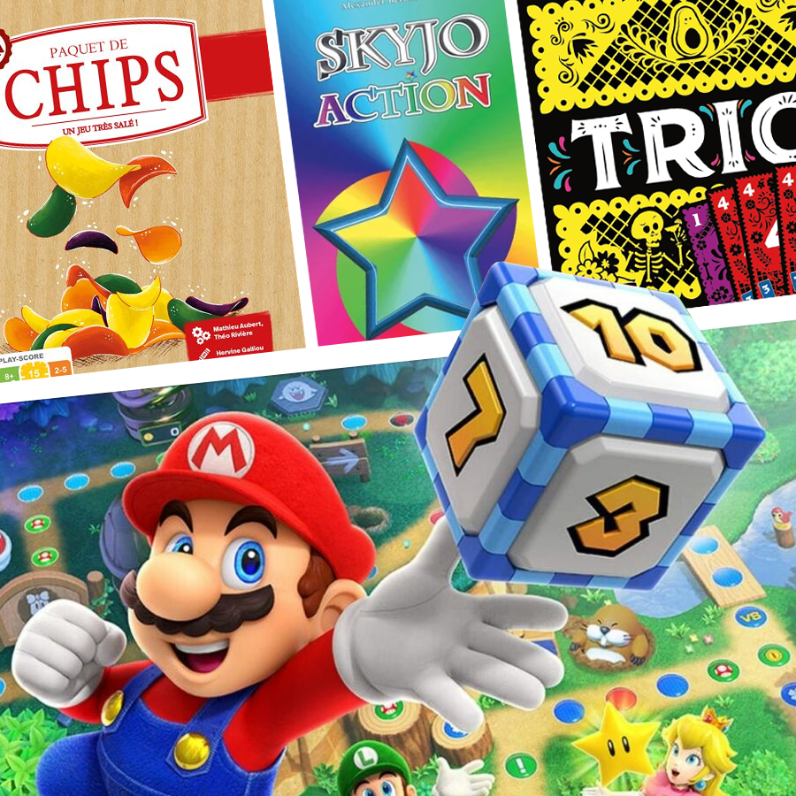 Jeux de société Trio, Skyjo, Chips et jeu vidéo Mario party