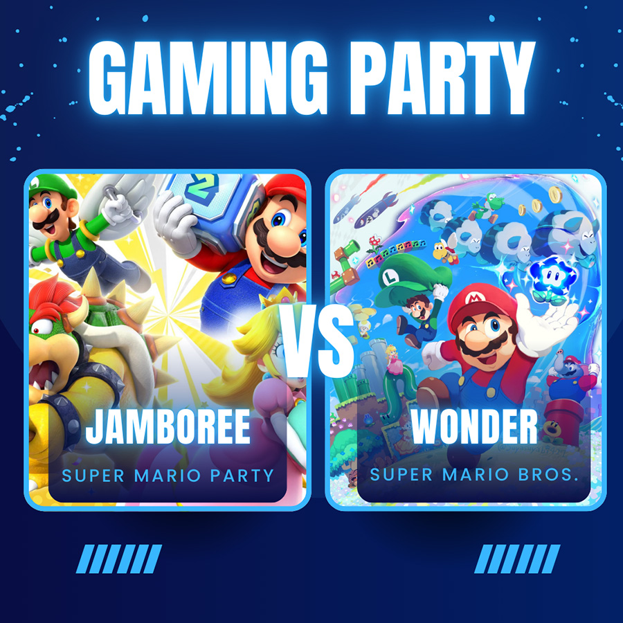 Gaming party Mario Wonder vs Mario Jamboree