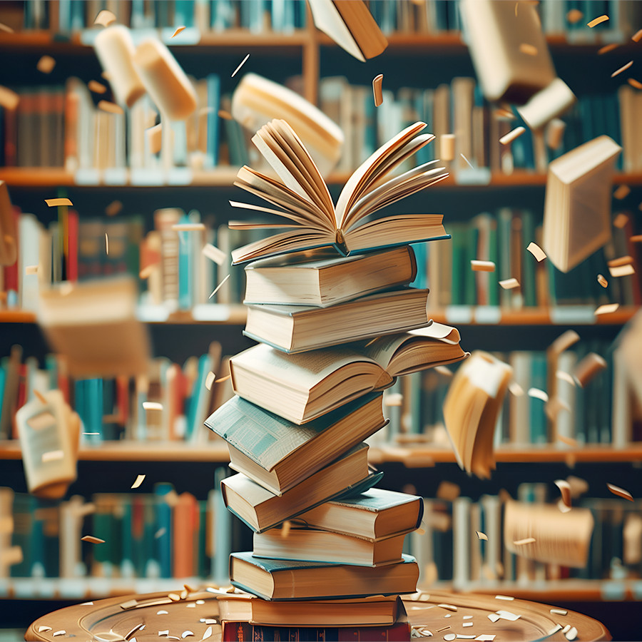 Pile de livres posés sur une table et livres volants