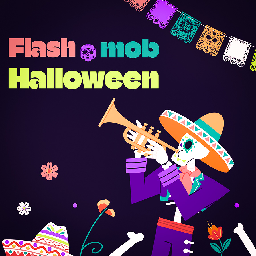 Falsh mob Halloween squelette jouant de la trompette