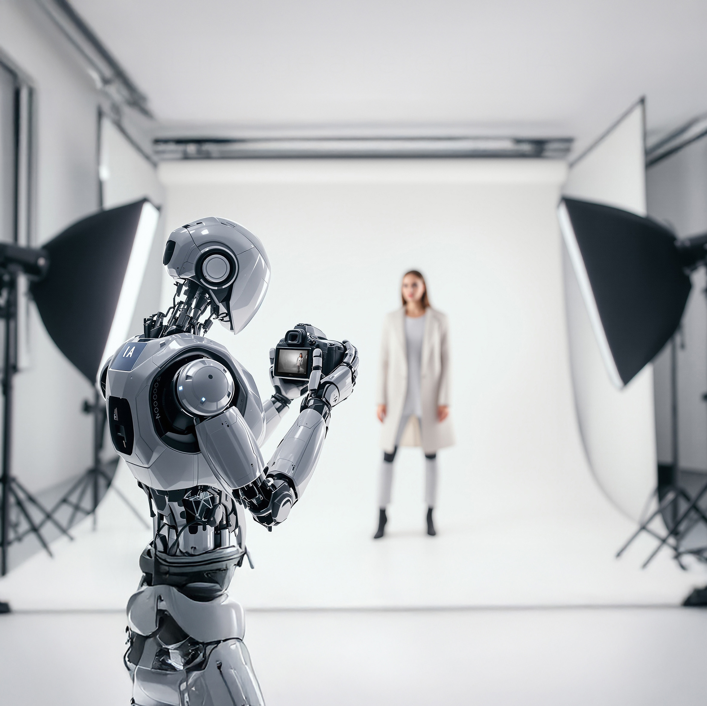 Androïde prenant un modèle femme en photo