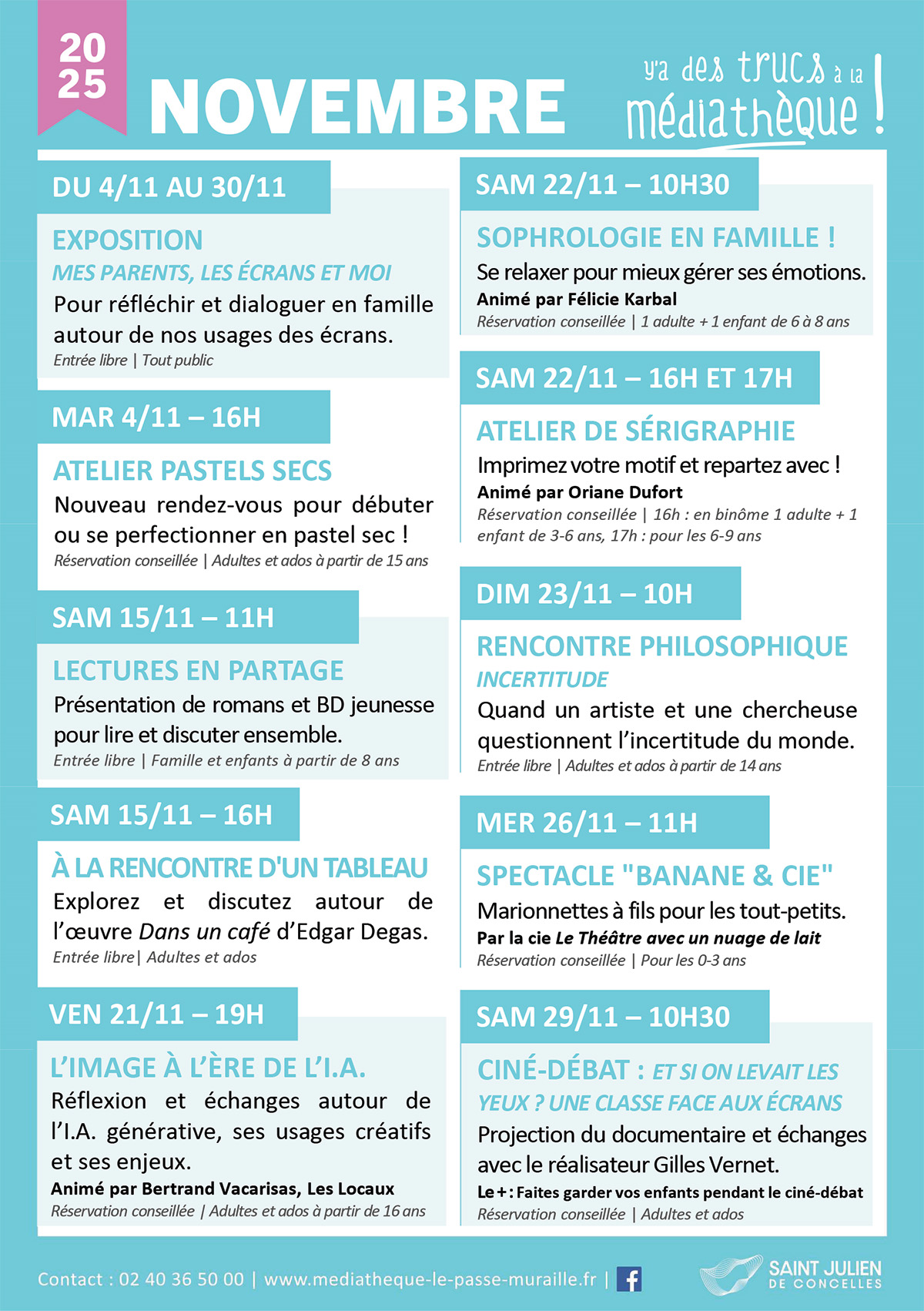 Programme des animations de novembre 2025 de lka médiathèque Le Passe-Muraille