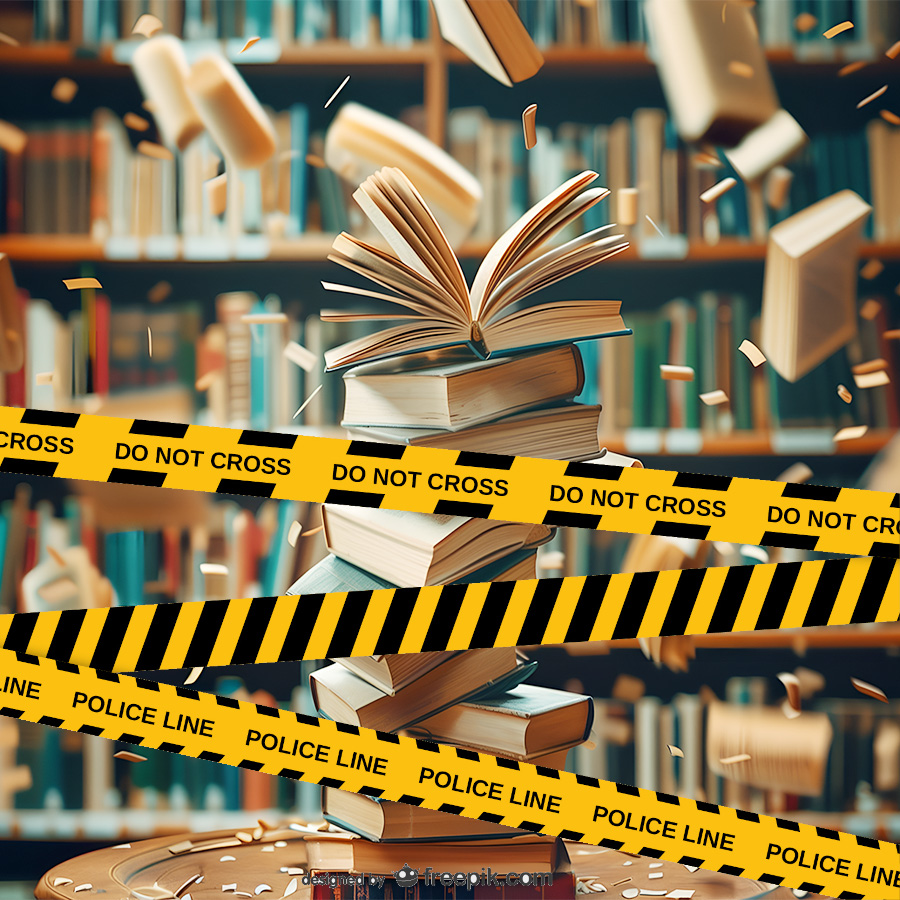 Pile de livres posés sur une tables et livres volants avec bandeau danger police