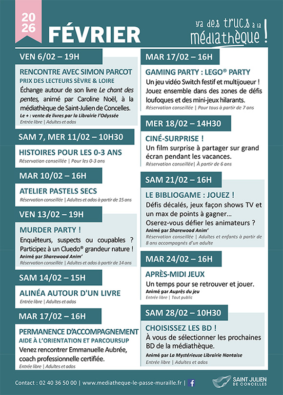 Programmation février 2026 médiathèque le Passe-Muraille