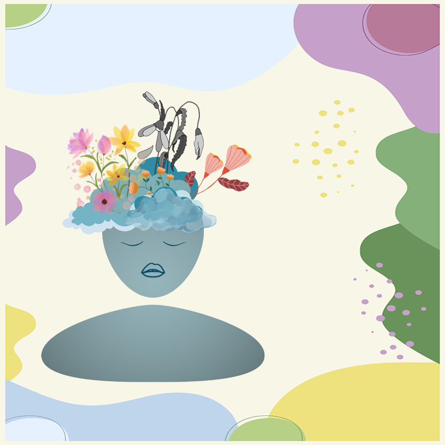 Tête d'une personne avec des fleurs et des nuages 