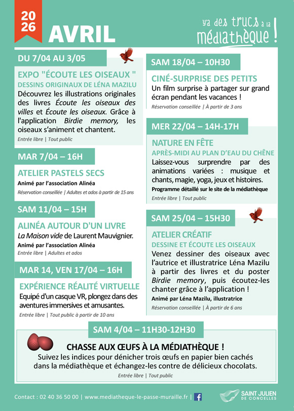 Programme médiathèque St Julien avril 2026