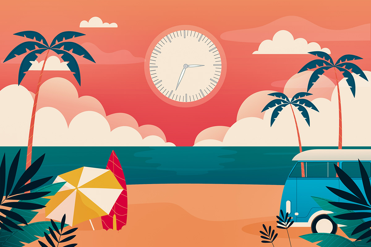Plage, soleil, parasol, planche de surf, horloge sans le soleil
