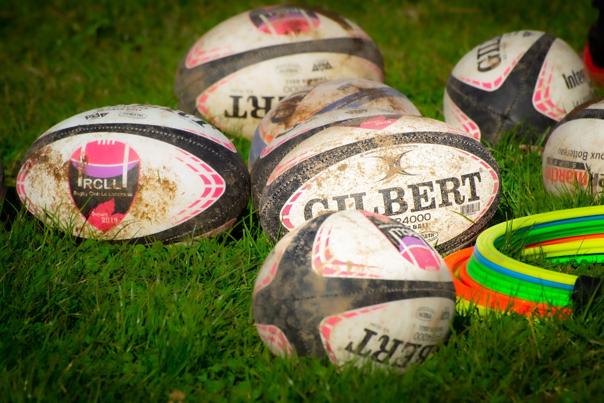 ballons de rugby sur l'herbe